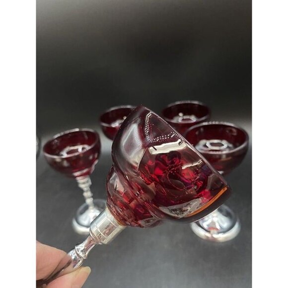 Moondrop Ruby Red Glass Cordial W/ Metal chrome Stem Martinsville Set 5 - Picture 9 of 12